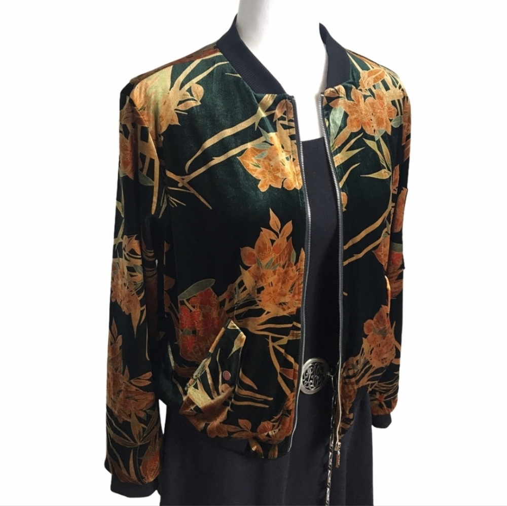 Peter Nygard Black and Gold Bomber Jacket with Velvet Floral Design Small
